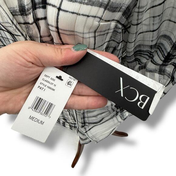 NEW BCX Plaid Layered Blouse Size Medium White Black Sheer Overlay Shirt NWT - Picture 7 of 10